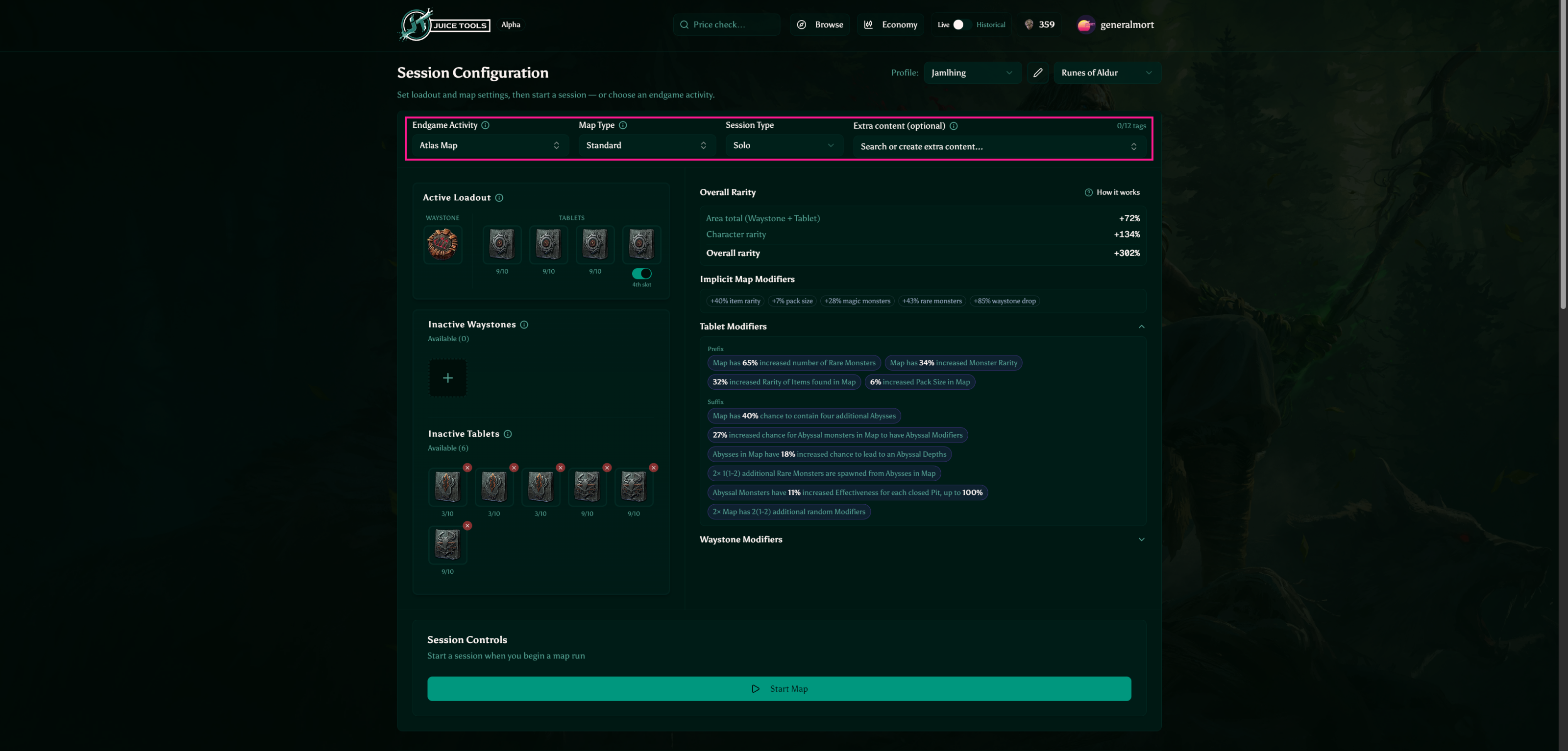 Juice Tools session configuration with profile, league, and map settings