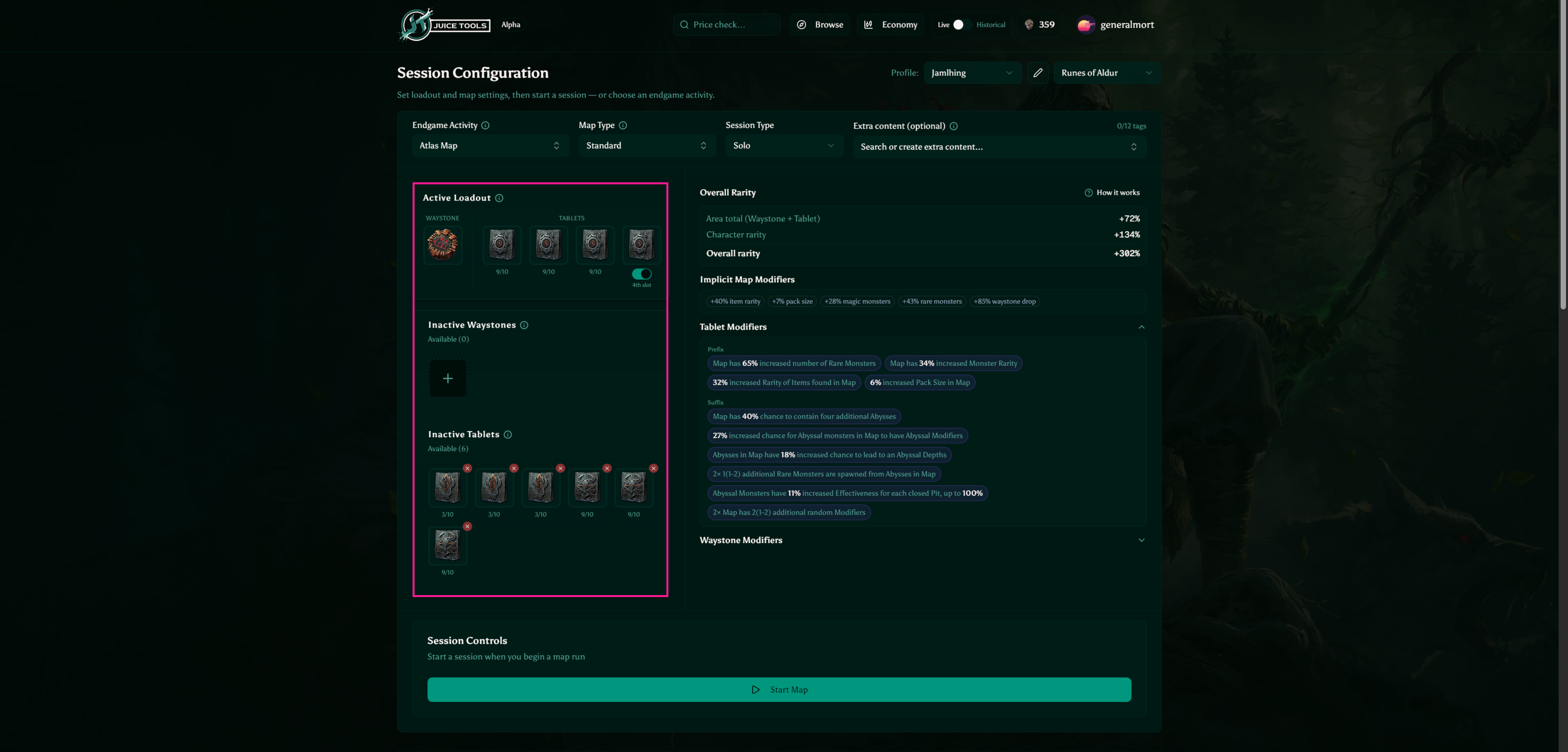 Active loadout with Waystone and Tablets in Juice Tools