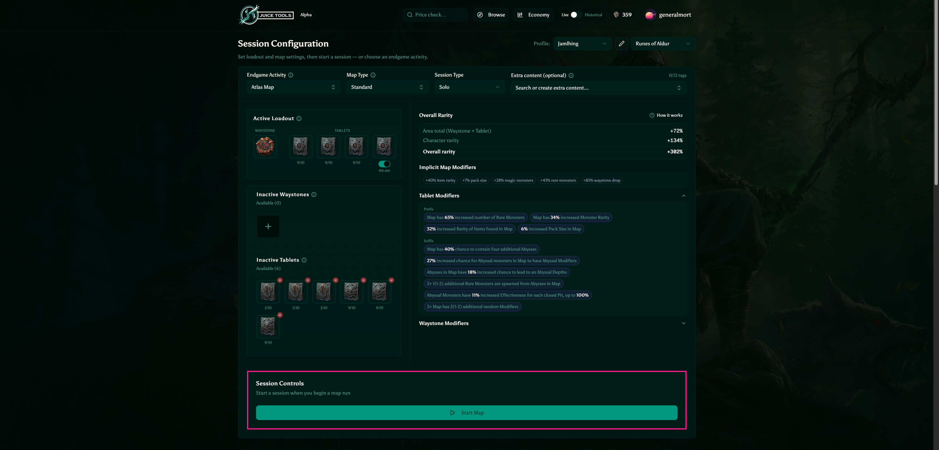 Start Map button in Juice Tools session controls