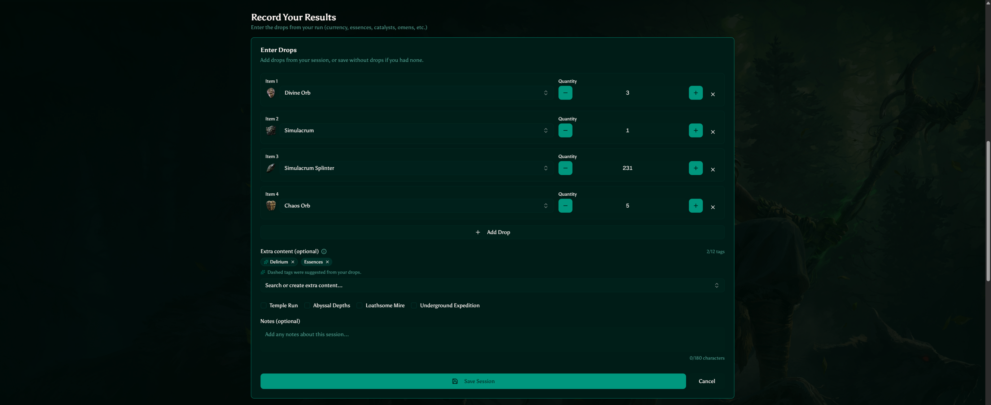 Record Your Results screen for logging session drops